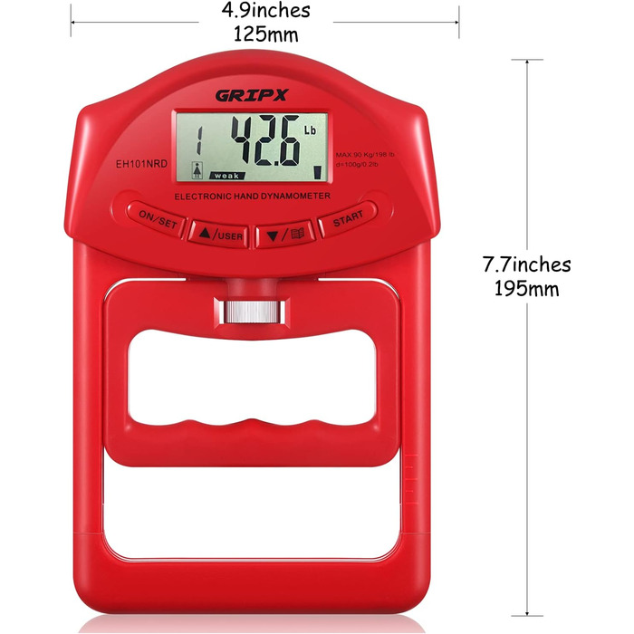 Цифровий динамометр GRIPX для вимірювання сили хвата. Електронний, автоматичне вимірювання, 90 кг / 198 lbs (червоний)