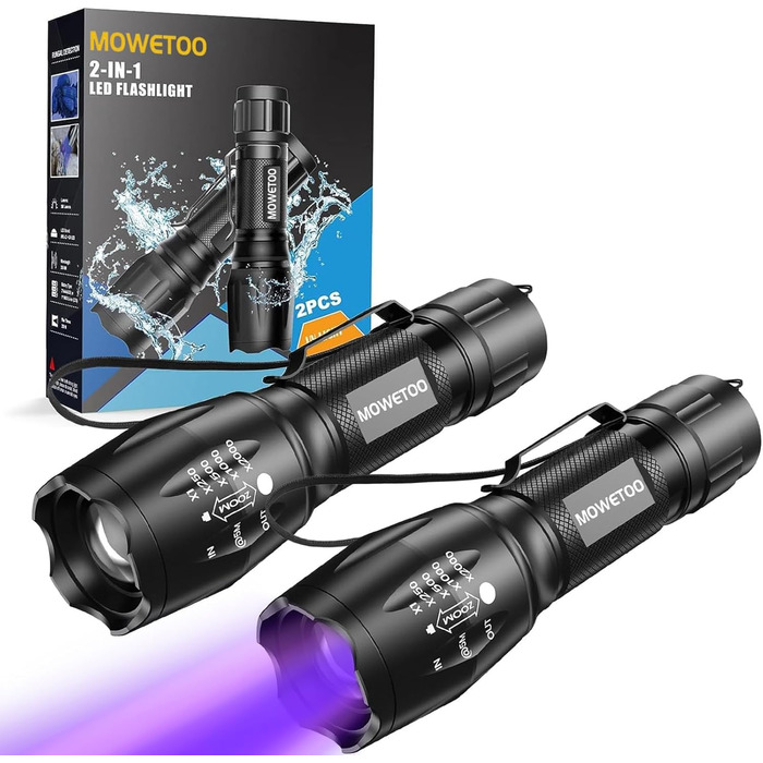 LED UV ліхтар MOWETOO 2 в 1, 395nm, детекція фальшивих грошей та сечі тварин, 4 режими, 40W, 2 шт.