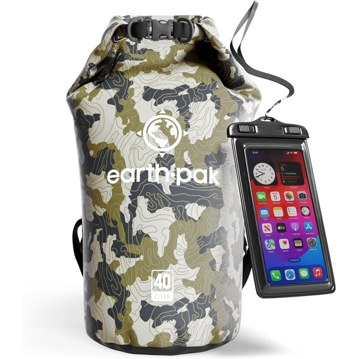 Earth Pak Packsack водонепроникний 40L з плечовим ременем та водонепроникним чохлом для телефону – ідеальний рюкзак-ролтоп для каякінгу, піших прогулянок, кемпінгу, риболовлі, катання на човні та рафтингу (Колір: Оливковий, Камуфляж)