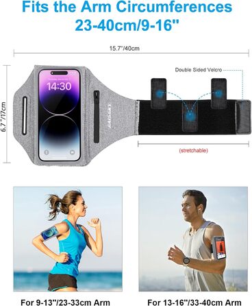 Спортивний браслет для телефону: підставка для бігу, кишенька для навушників, сумісний з iPhone 17/16/15/14/13 Pro Max, Galaxy S25/S24/S23 Ultra (до 6.9 дюймів, світло-сірий)