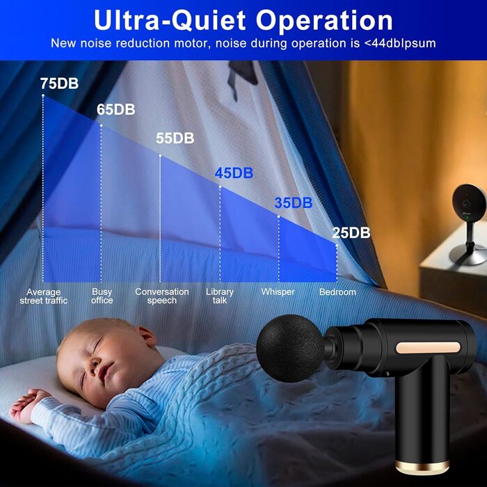 Міні масажер для м'язів AQXONG: портативний електричний масажний пістолет з LCD дисплеєм, тиха робота 45dB, 6 швидкостей, 4 насадки, акумуляторний (чорний)