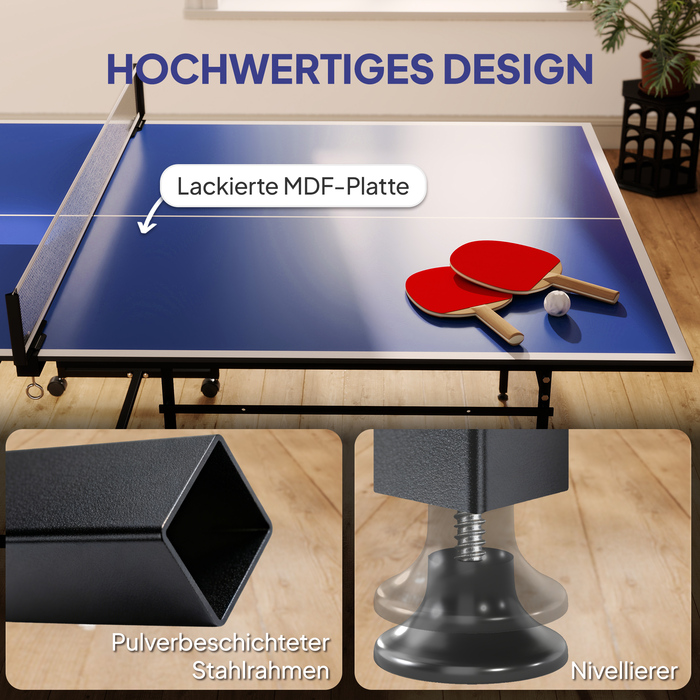 Стіл для настільного тенісу, складаний, мобільний, з 2 ракетками, 3 м'ячами, металевим каркасом, розміром 274x152,5x76 см, блакитний