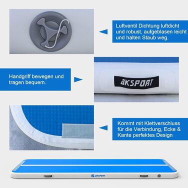 Мата для гімнастики AKSPORT Air Matte з повітряною подушкою, 3/4/5/6 м, 10/20 см висотою, 600x100x10 см, для дому, залу, тренувань, черлідингу, блакитна