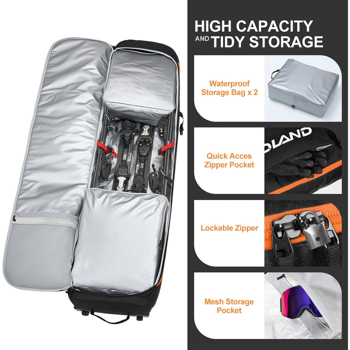 Чохол для лиж Odoland з роликами, водонепроникний, для подорожей літаком, 170 см, оранжевий