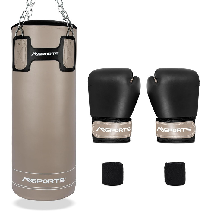 Професійний боксерський набір MSPORTS 80x30 см, 25 кг, бежево-чорний, з рукавичками і бандажами
