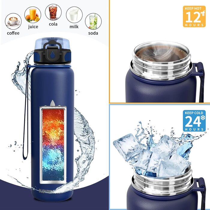 Термос-пляшка Vikaster 500 мл, нержавіюча сталь 18/8, без BPA, не протікає, для спорту, велосипеда, подорожей, фітнесу (чорний & бордовий)