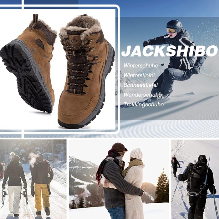 Зимові черевики JackShibo для чоловіків та жінок. Теплі, водонепроникні, з антиковзким покриттям. Зимові чоботи для активного відпочинку на природі. Розмір EU 43, колір коричневий.