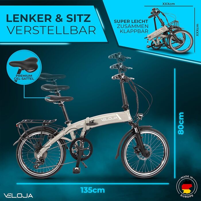 Електровелосипед VELOJA 20 дюймів складаний, 250Вт, 100 км, 9 передач, алюмінієвий, 5 режимів підтримки, європейська збірка