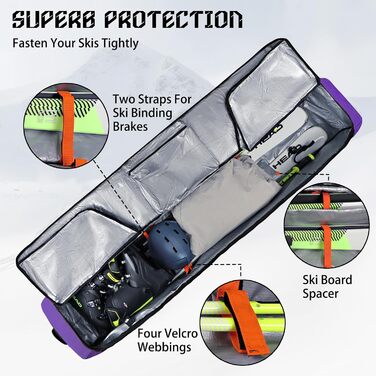 Чохол для сноуборду Goloni з роликами, для подорожей літаком, 600D водонепроникний, розкладний, для 2 пар лиж 190 см, фіолетовий