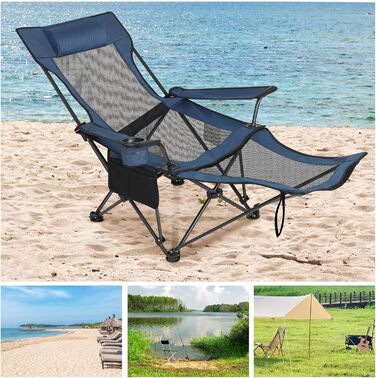 Складний стілець для кемпінгу eSituro, риболовний стілець, стілець для відпочинку з підставкою для ніг та тримачем для напоїв, пляжний стілець з регульованою спинкою (2 шт., блакитний)