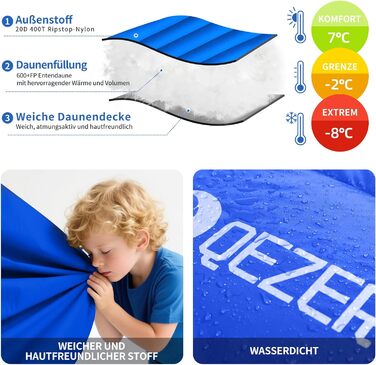 Спальний мішок пуховий Daunenschlafsack зимовий 0°C до -23°C для дорослих та дітей, 4 сезони, синій сапфір, 800 г пуху, комфортна температура 7°C
