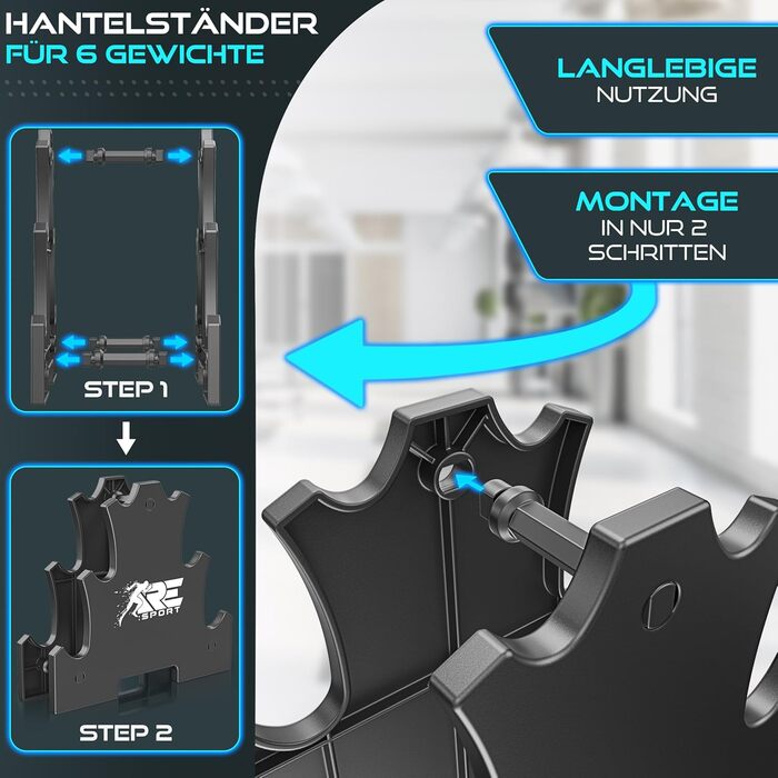 Набір гантелей Hantel-Set: 1 кг - 5 кг, 12 кг або 18 кг зі стійкою та 3 еластичні стрічки. Нековзкі неопренові гантелі для жінок та чоловіків. Кольори: пурпурний, туманно-сірий, чорний (18 кг)