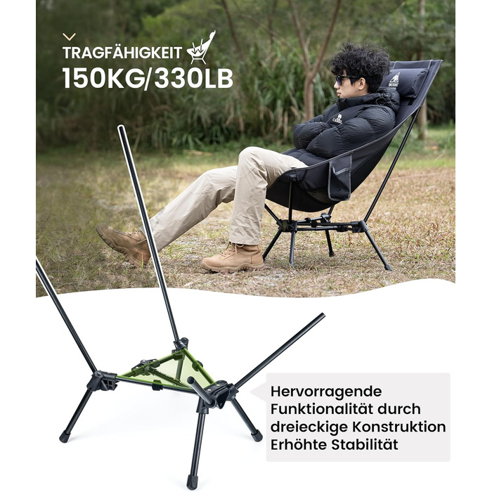 Стілець для кемпінгу OneTigris TIGERBLADE з високою спинкою, 170 кг, складаний, легкий, з трикутним каркасом, для риболовлі з 2 кишенями, для відпочинку на природі, піших прогулянок (сірий)