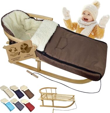 Дерев'яні санки BambiniWelt з підніжкою та буксирувальним тросом + зимовий чохол для ніг 108 см – тепла вовна лами, водовідштовхувальний – комбінований набір для дитячої коляски та візка (Коричневий)
