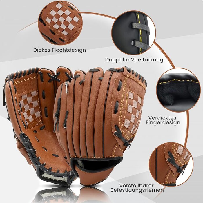 Рукавиця для бейсболу та софтболу з м'ячем, тренувальна змагальна, потовщена, дитяча та доросла, коричнева 11.5 дюймів