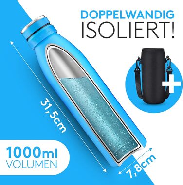 Фляга з нержавіючої сталі з подвійним термоізоляційним шаром - 1000 мл, BPA-free, для газованої води, миється в посудомийній машині, екологічна (Блакитна)