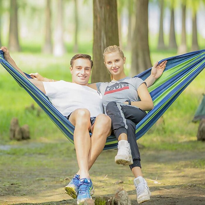 Гамак Nakeey подвійний 280 x 150 см, для відпочинку на природі, кемпінгу та туризму, легкий та дихаючий, вантажопідйомність до 300 кг, блакитний з смугами