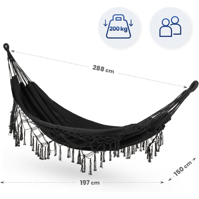 Гамак подвійний 200x150 см, бавовна, до 200 кг, Boho стиль, для саду, балкону, тераси, чорний