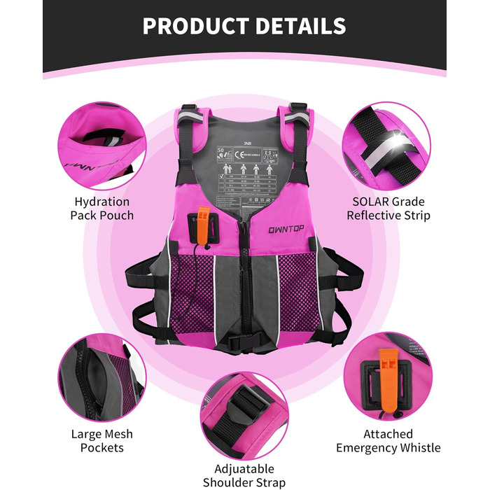 Рятувальний жилет Owntop для дорослих та юнаків з пискликом та рюкзаком для води, сітчастими кишенями, регульований, легкий, унісекс, для SUP, каякінгу, риболовлі, всіх водних видів спорту, рожевий, XS/S (40-60 кг)