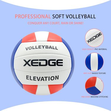 Волейбольний м'яч XEDGE, розмір 5, офіційний для гри в приміщенні та на вулиці, тренування, пляж, трава (синій, білий, червоний)