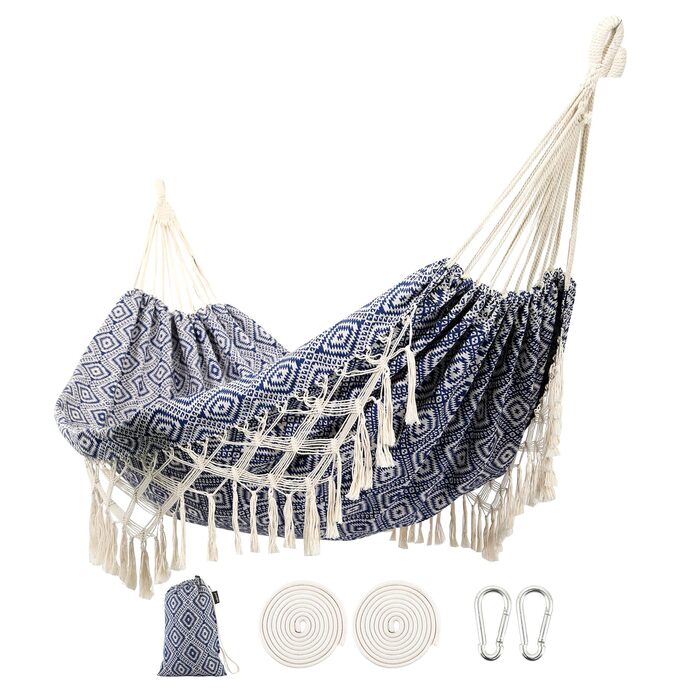 Гамак для двох Boho з макраме бахромою, білий (блакитний діамант) - вуличний, для веранди, до 227 кг