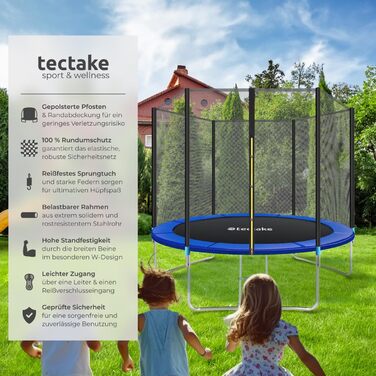 Трамплін Tectake® Ø 305 см з захисним сіткою, блакитний. Для дітей, тренування витривалості, безпечний, набір для активного відпочинку