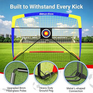 Ворота для футболу Dimples Excel Pop-Up – розкладні для дітей | Набір 1 або 2 шт. | Розміри 120x90 / 152x110 / 213x152 см | 3 кольори | З м'ячем, насосом, конусами та мішенню | Для саду та подарунка
