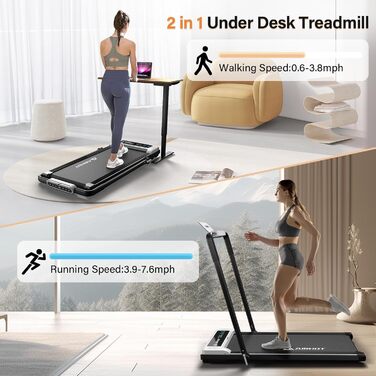 Бігова доріжка Walking Pad 2.5 к.с., тиха, під стіл, з пультом і LED-дисплеєм, компактна та портативна для домашнього офісу, біла з поручнем