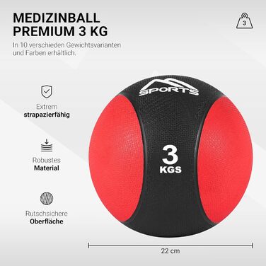 MSPORTS Медичний м'яч 3 кг, професійна якість, червоний, з постером вправ