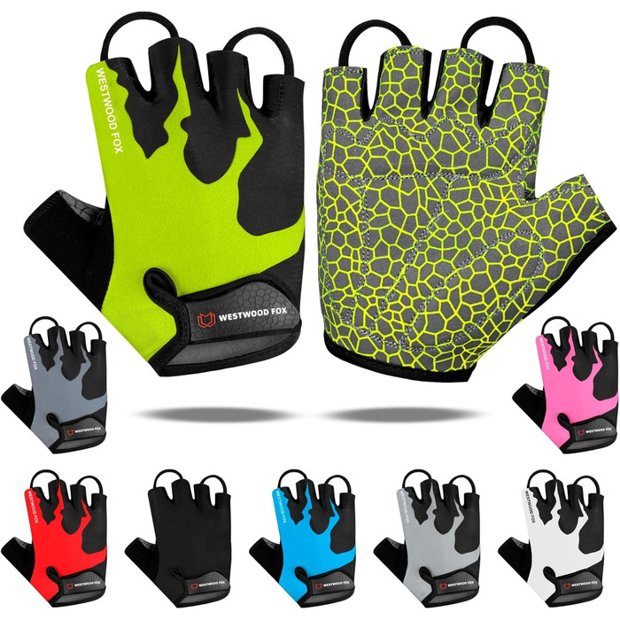 Велосипедні рукавички WESTWOOD FOX, напівпальцеві, унісекс, з підкладками на ручках, нековзна долоня, для їзди на велосипеді, літні, MTB, для чоловіків та жінок, без пальців, короткі, для гірського велосипеда (XL, Papagei)