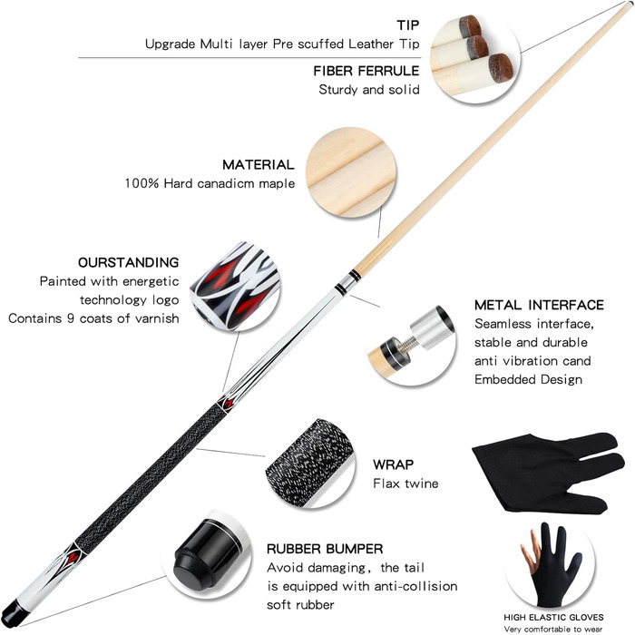 Більярдний кий Queue Stick 147,3 см, комплект з 2-х частин, згортка з акації, вага 19/20/595.3 г, 1/2