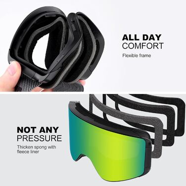 Одаленд Скі-маска для жінок та чоловіків, дітей. Снігові окуляри з антитуманним покриттям, захистом від УФ-випромінювання, магнітними змінними лінзами. Сумісні з шоломом для сноубордингу та катання на лижах. Чорний колір. VLT 8.8% (золоті лінзи — VLT 15%)