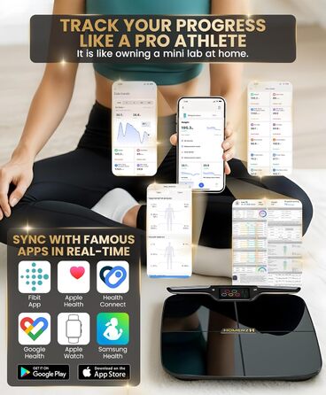 Розумні ваги Homerz Smart Scale Pro: біометричний аналізатор складу тіла з WiFi та Bluetooth, вимірювання ІМТ, жиру та м'язів, чорний, Large