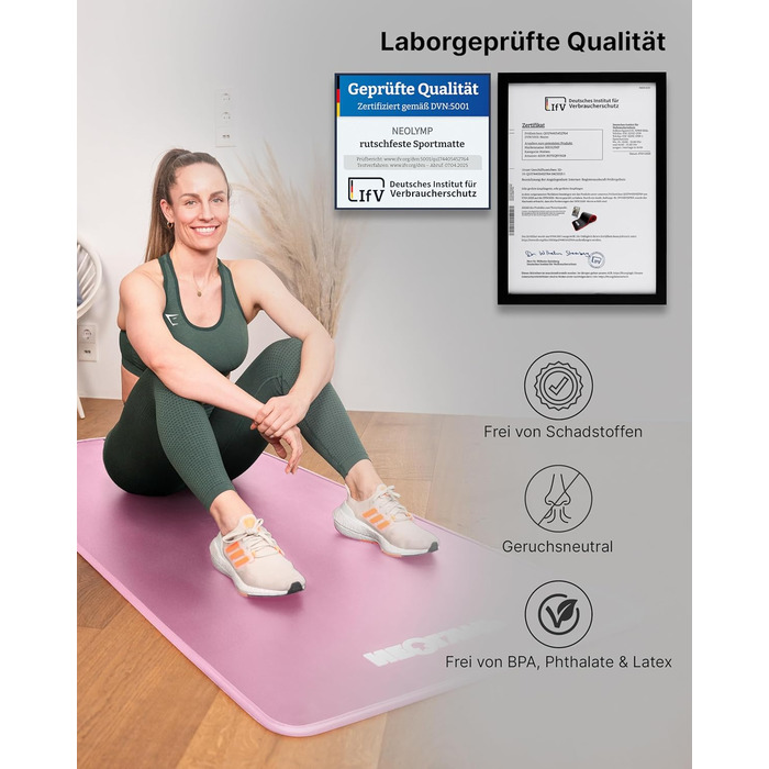 NEOLYMP Fitness Mat - Товста та неслизька фітнес-мат з E-book та ремінком - для йоги, пілатесу, тренувань (Рожева, 61 см)