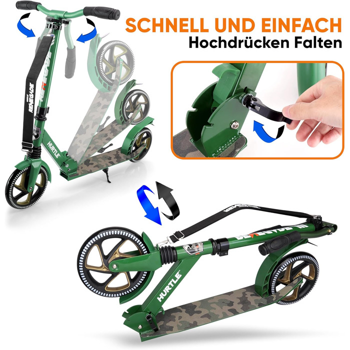 Міський ролер Hurtle Roller Kinder 10 років – складний, регульований по висоті 84–98 см, самокат для дітей та дорослих зі стійкою, з ремінком, до 100 кг, камуфляж