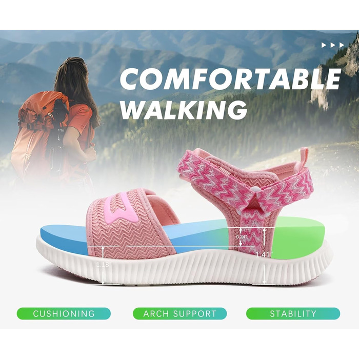 Сандалії жіночі KuaiLu для трекінгу та відпочинку: ортопедичні, з регулюванням на липучці, рожеві (39 EU)