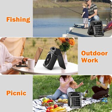 Вентилятор для кемпінгу Solar з ліхтарем LED, 10400mAh, портативний, з таймером, зарядкою для телефону та еко-функцією, для кемпінгу, риболовлі, відключень електроенергії, походів, чорний мат