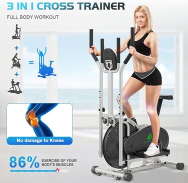 Еліптичний тренажер 2 в 1 для дому: крос-тренажер та фітнес-степер з LCD-монітором та регулюванням навантаження (срібний)