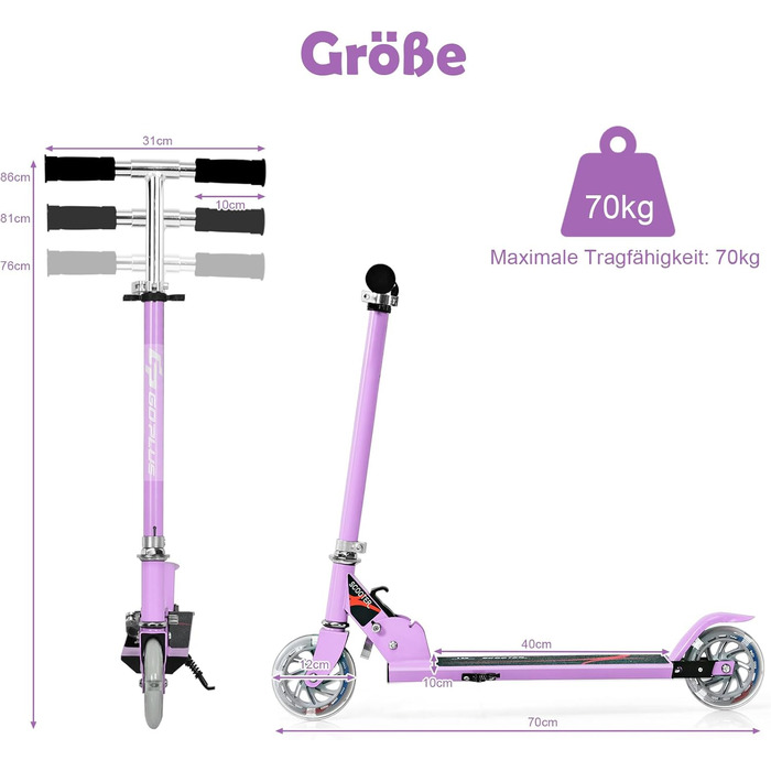 Дитячий ролер GOPLUS Roller Kinder 4 роки з LED-колесами, гальмом та підніжкою, регульований, алюмінієвий, до 70 кг