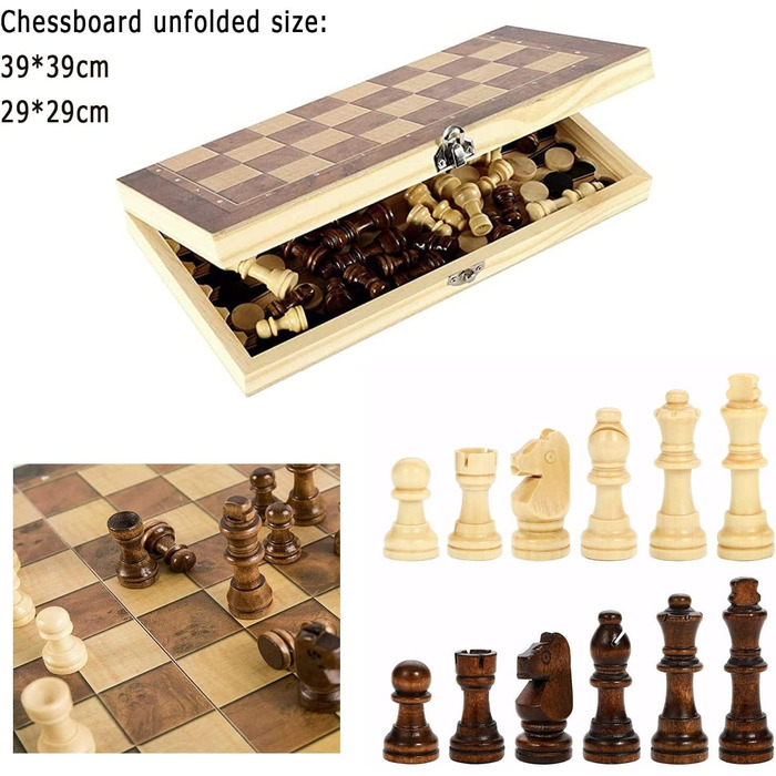 Шаховий набір 3-в-1 – складаний дерев'яний шаховий комплект для подорожей (29*29 см)