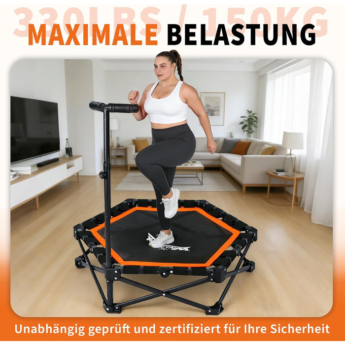 Складаний фітнес-батут для дому з регульованою ручкою, навантаження до 150 кг, діаметр 86.5 см, помаранчевий — для дорослих та дітей