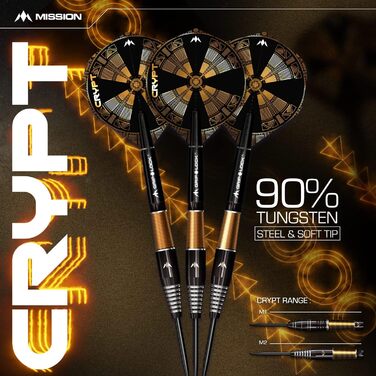 Набір дротиків Mission Darts Crypt 90% вольфрам, чорний і золотий, PVD-покриття, сталевий наконечник, різні стилі та ваги