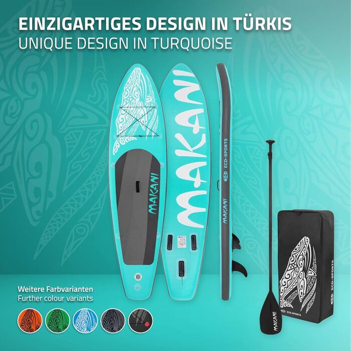Надувна SUP-дошка ECD Germany Makani 305–380 см, PVC, до 150 кг, товщина 10/15 см, з сидінням для каяка, комплект сумка, весло, зелена