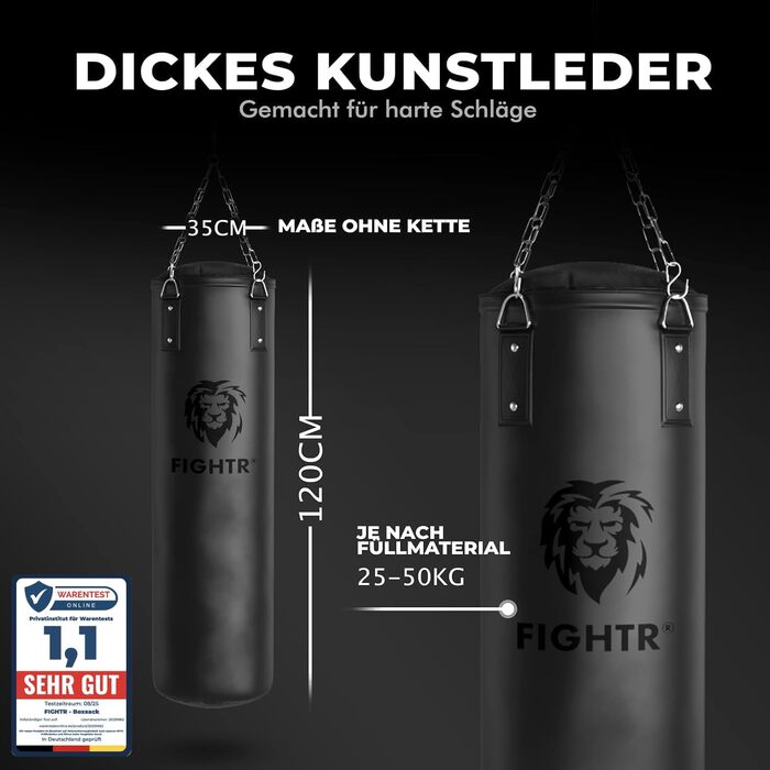 Боксерський мішок FIGHTR® з наповнювачем/без наповнювача - надміцний та довговічний | Комплект боксерських мішків включає 4-х точкову сталеву ланцюг для боксу, кікбоксингу, ММА, муай-тай та інших єдиноборств. Колір: Чорний