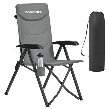 Складний туристичний стілець SONGMICS для дорослих, регульована спинка, обертається, з підстаканником, для відпочинку, кемпінгу, риболовлі, сірий