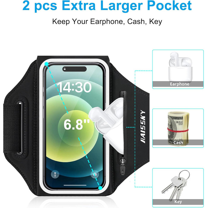 Спортивний браслет для телефону: фіксатор для бігу, чорний, на 6.9 дюйми, з кишенею для навушників (iPhone, Galaxy)