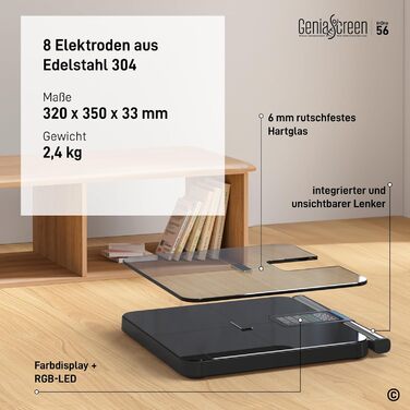 Вага для вимірювання жиру в тілі GeniaScreen InOne: цифрова персональна вага з Bluetooth, 56 показників, LED-дисплей, 180 кг