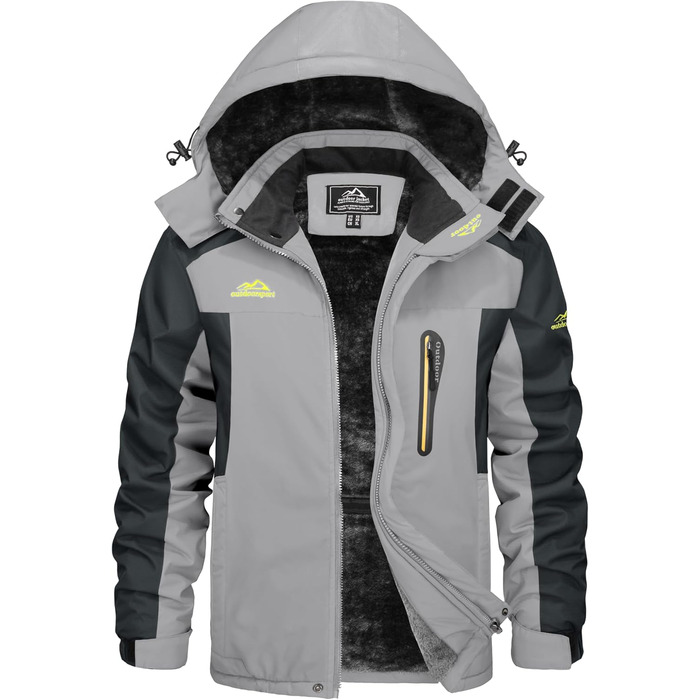 Зимова куртка KEFITEVD для чоловіків: водонепроникна, тепла, з підкладкою, для катання на лижах, на вулицю, вітронепроникна, дихаюча, функціональна куртка з відстібаною капюшоном, світло-сіра, XL