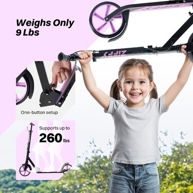 Тротлер ZIFFY для дітей та дорослих, 6-12 років, зелено-фіолетовий, 200 мм колеса, ABEC-9, амортизація, складний алюмінієвий каркас, регульований кермо, ручне гальмо, вантажопідйомність 118 кг