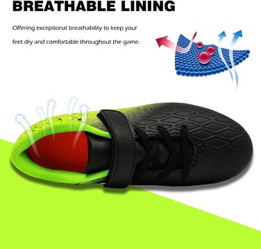 Дитячі футбольні бутси DimaiGlobal з шипами для хлопчиків та дівчаток. Зальні футбольні бутси для штучного покриття, бутси для міні-футболу, професійні тренувальні бутси (32 EU, чорний/зелений)